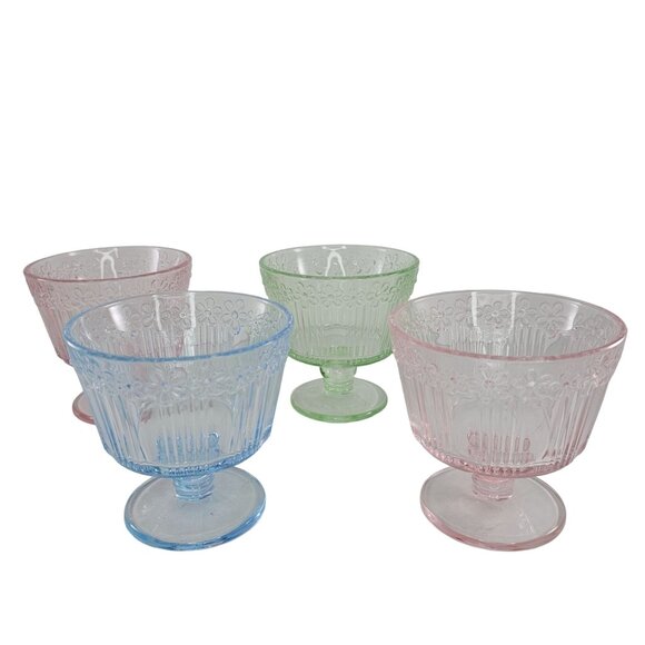 Daisy Flower Glass Dessert Pedestal Cups Set of 4 Blue Green PInk - Picture 1 of 12